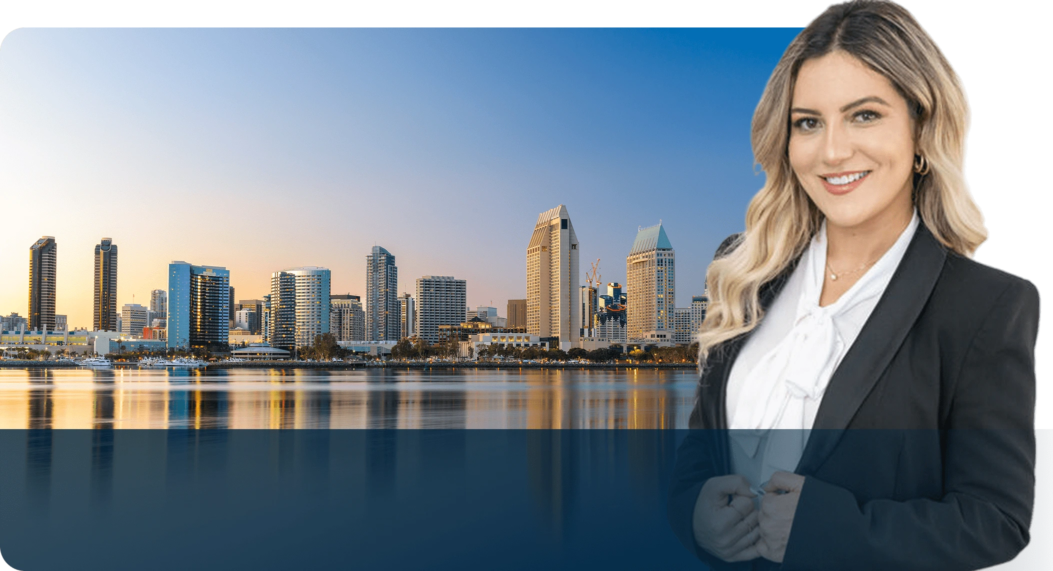 A woman standing in front of a city skyline.